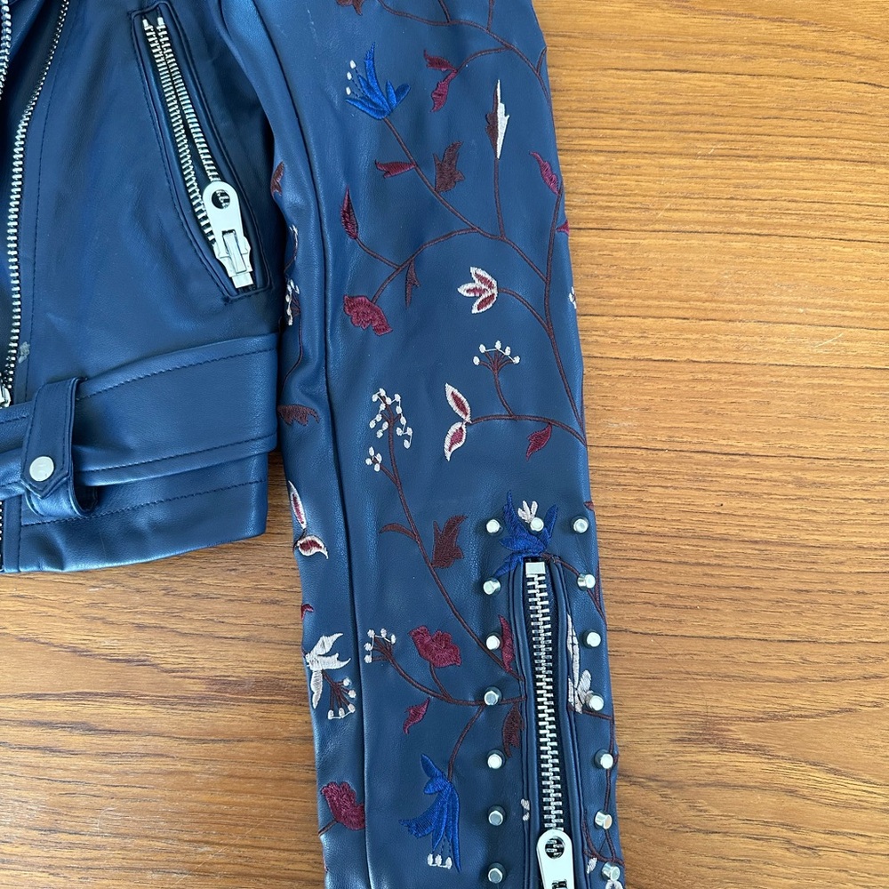 Embroidered Blue  vegan Leather Jacket - Picture 3 of 3